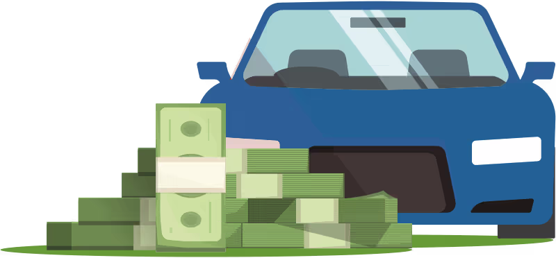 Blue car with stacks of green cash